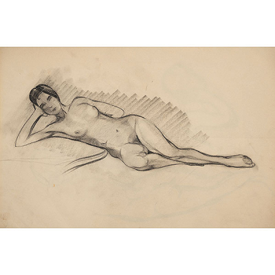 Conjunto de 27 dibujos a lápiz de figuras femeninas de corte modernista y un dibujo preparatorio para vidriera.   ISIDORO GUINEA (Bilbao, 1893-1947) 