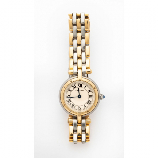 Reloj de señora marca Cartier modelo "Pantera" con pulsera de 3 filas en oro amarillo y 2 filas de acero