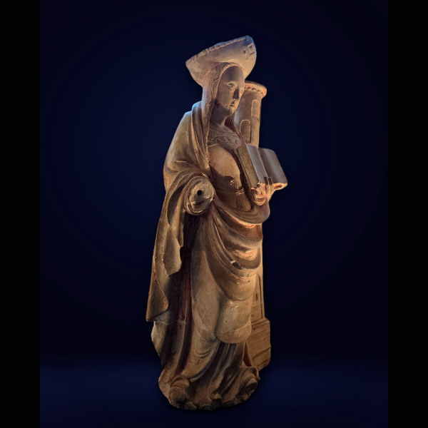 Santa Bárbara en piedra Tallada Ile de France - Escuela Gótica francesa del siglo XIV a debut del siglo XV.