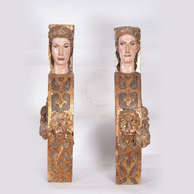 Pareja de m&eacute;nsulas en forma de cari&aacute;tides, escuela espa&ntilde;ola del siglo XVI.