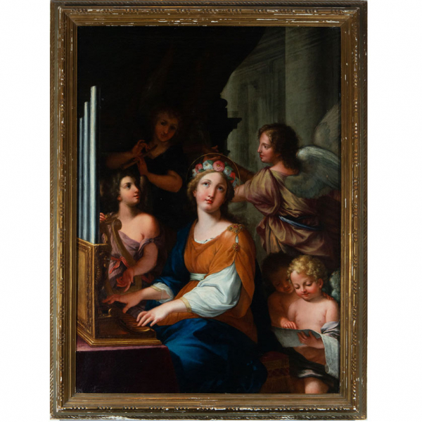 Espectacular Gran Santa Cecilia, a la manera de Corrado Giaquinto (Bari, 18 de febrero de 1703 - Nápoles, 1765 o 1766), escuela italiana del siglo XVIII.  Óleo sobre lienzo. 