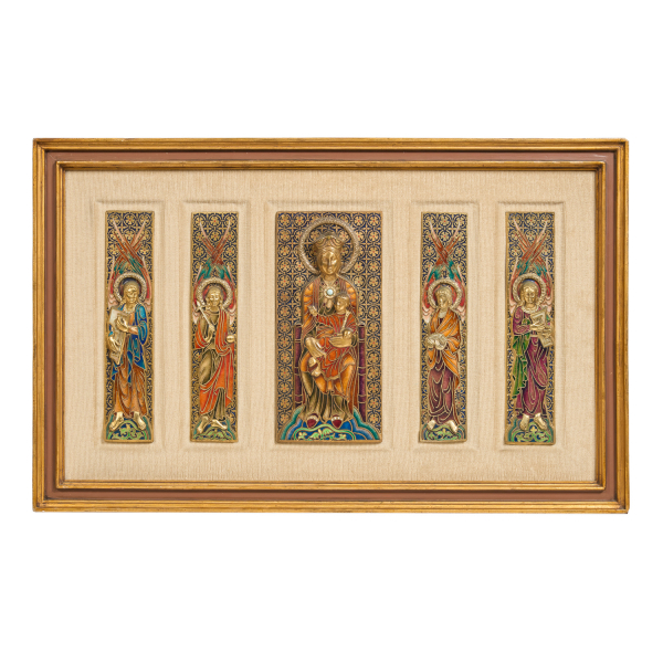 Modest Morató Oger (Barcelona, 1909-1993) Virgen con el Niño flanqueada por cuatro Arcángeles. Plafones en bronce esmaltados al fuego.
