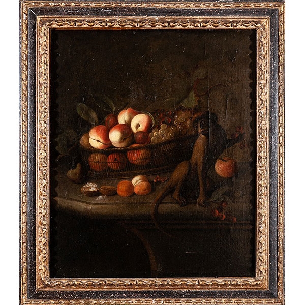 Willem Frederik Van Royen "Bodegón de frutas con mono"