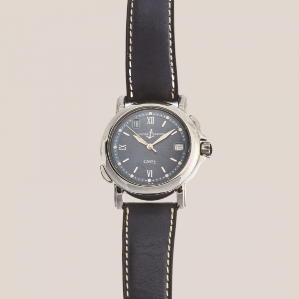 ULYSSE NARDIN «San Marco GMT». Reloj de pulsera unisex, c. 2000. En acero y correa de piel. Ref-Nº 203-22/2463.