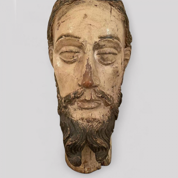 Rara Gran Cabeza de Cristo colonial Mexicano. Madera policromada. Nueva España, siglo XVI