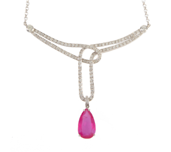 Pendentif con centro de perilla de rub&iacute;, colgante de lazada de brillantes que se une a la cadena con dos brillantes en chat&oacute;n