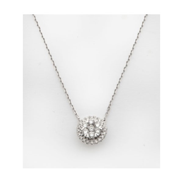Cadena y colgante en oro blanco en forma de flor con diamantes talla brillante con orla de diamantes talla brillante con un peso total de 0,5 cts. aprox.