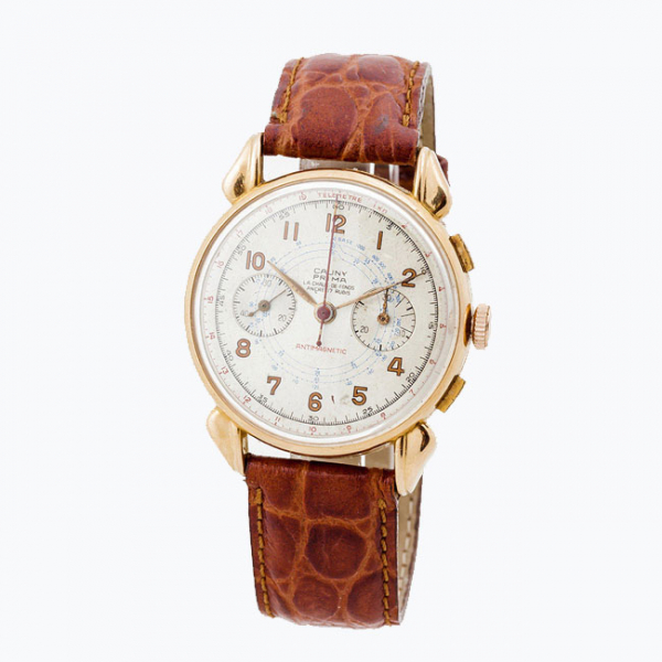 Reloj cronógrafo vintage, cab., suizo CAUNY PRIMA (La Chaux-de-Fonds), en caja original de oro rosa 18 K 