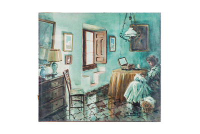 Acuarela. Julio VISCONTI MERINO (1922-2021). &#039;Mujer bordando&#039;.