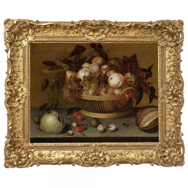 Balthasar van der Ast (Midelburgo, 1594 - Delft, 1657) Atribuido "Naturaleza muerta con cesta de frutas" (h.1627).    Óleo sobre tabla