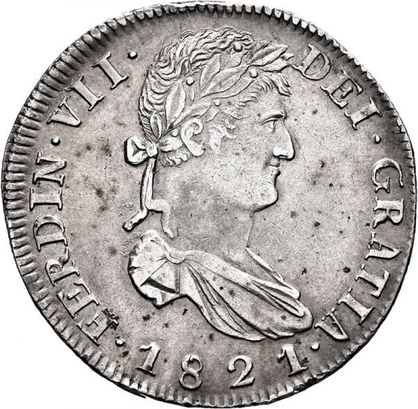 Moneda 1821 Fernando-VII Zacatecas RG 8 Reales M.B.C.+