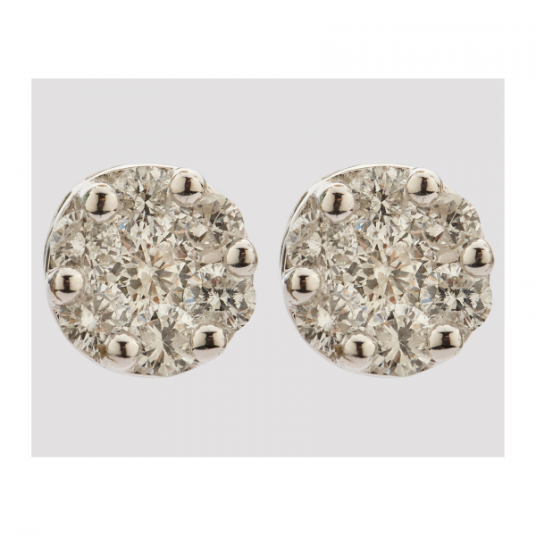 Pendientes rosetón en oro blanco con diamantes talla brillante engastados en garras.