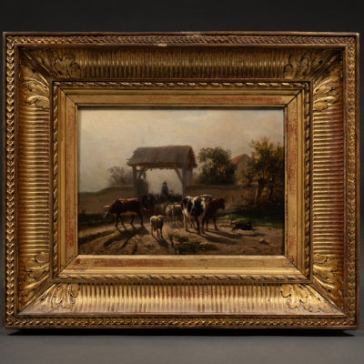 &quot;Pastor con Ovejas&quot;.  RAIMOND NOEL ESBRAT (París, 1809-1856).   Firmado: R. Esbrat.   Técnica: Óleo/Tabla