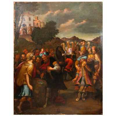 "Las Monedas de Judas" firmado con anagrama L.G. Escuela Italiana. Siglo XVII.   &Oacute;leo sobre lienzo. 