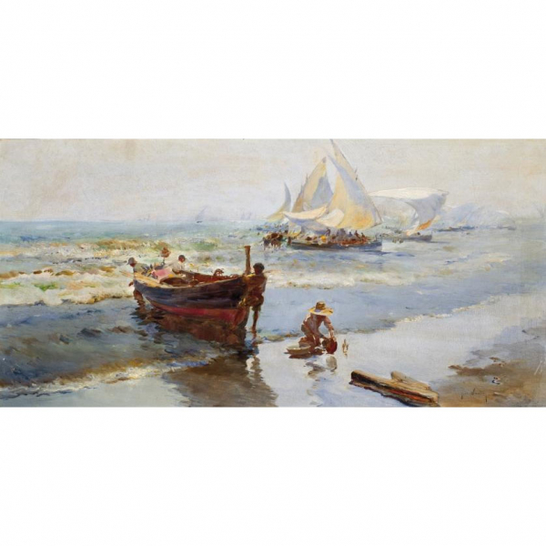 José Navarro Llorens. "Vuelta de la pesca". Óleo sobre lienzo. Firmado en el ángulo inferior derecho.