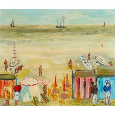 Carles Nadal Ferreres (París, Francia, 1917-Sitges, Barcelona, 1998).  Escena de playa con personajes.  Óleo sobre tela. 