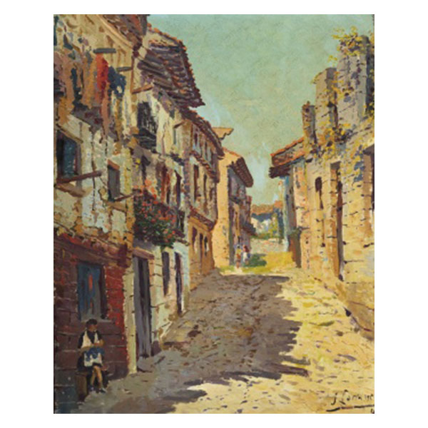 JUAN LARRAMENDI ARBURUA   (Vera de Bidasoa, Navarra 1917-2005)  "Calle rural con personajes"  Firmado: J. Larramendi 46 