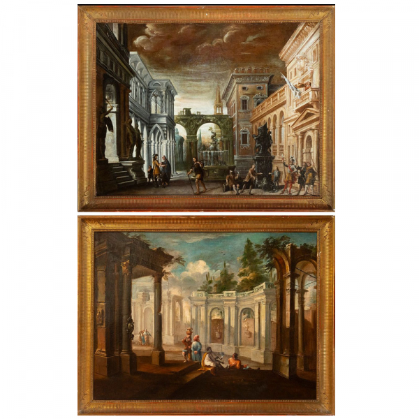 Pareja de decorativos "Caprichos arquitect&oacute;nicos con figuras" de la Escuela italiana del siglo XVIII.  