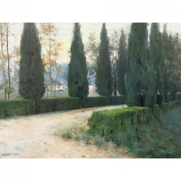 Lluís Graner Arrufí (Barcelona, 1863-1929)  Camino con cipreses.  Óleo sobre tela. Firmado. 