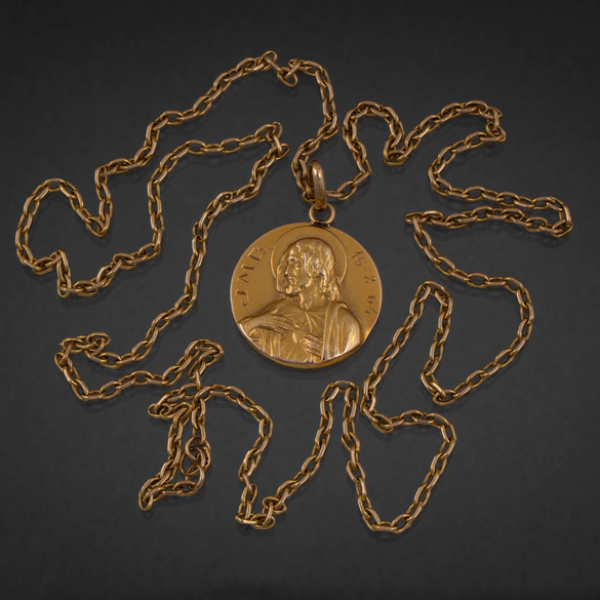 Bonita cadena de eslabones y medalla de Dios Padre en oro amarillo de 18 kt