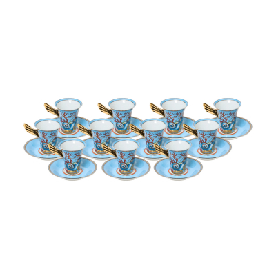 VERSACE. Juego de once tazas con platito modelo «Les Tresors de la Mer» en porcelana de Rosenthal (Alemania, 1879) esmaltada con motivos marinos de tonalidades azules y al oro fino.