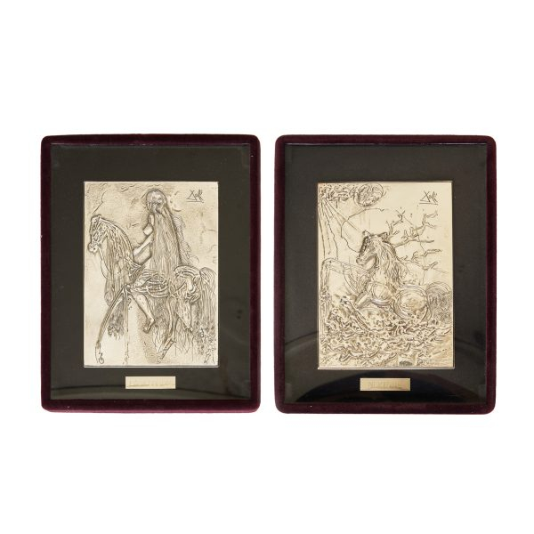 Después de Salvador Dalí (Figueres, Girona, 1904-1989).  Lady Godiva y Neptune. Serie Caballos Dalinianos.  Pareja de placas en plata 999.