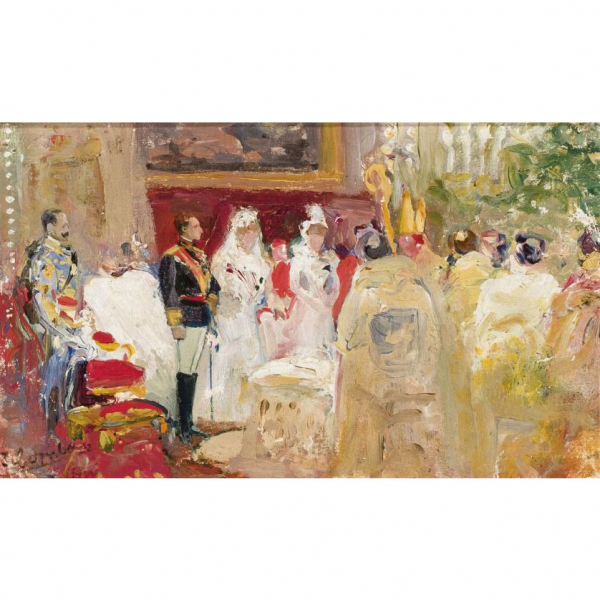 Juan Comba y Garc&iacute;a. "Boda de Alfonso XIII". &Oacute;leo sobre lienzo. Firmado en el &aacute;ngulo inferior izquierdo.