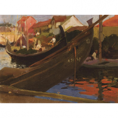 Cecilio Pla y Gallardo.   &quot;Barcos en el puerto (1912)&quot;. Óleo sobre lienzo. Firmado en el ángulo inferior derecho.