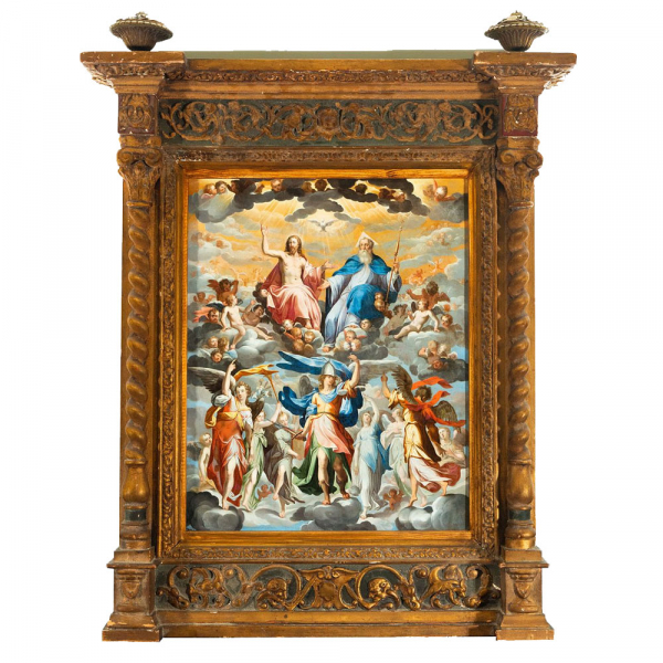 "Arcángel San Miguel Rodeado de Ángeles frente a Dios Padre, Jesucristo y el Espíritu Santo", a la manera de Bernardo Bitti, posiblemente Escuela Colonial Peruana del siglo XVII.   Óleo sobre cobre