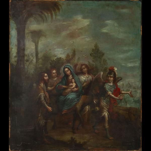 Nicolás Enríquez (1722-1787), gran cobre pintado al óleo, "Descanso en la Huída a Egipto", firmado, escuela colonial mexicana del siglo XVIII.
