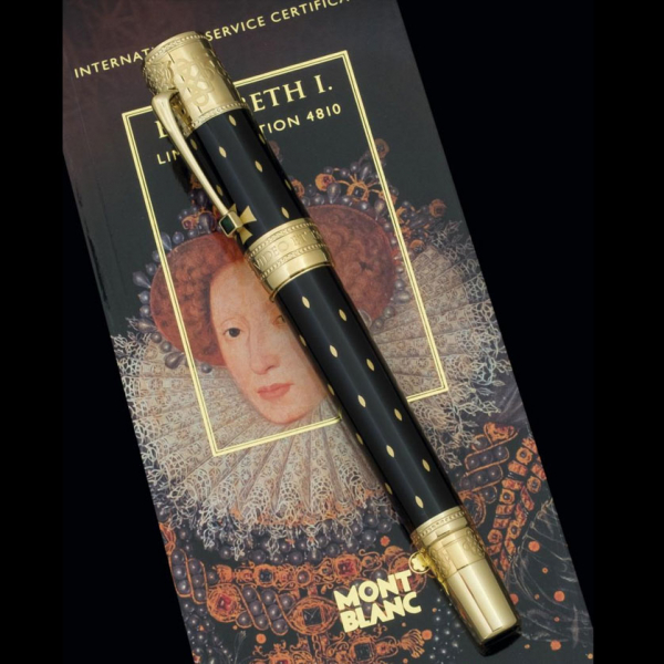 Estilográfica Montblanc "Isabel I".   Perteneciente a la serie "Patrones de las Artes". Numerada 0545/4810.  