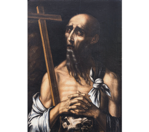 LUIS DE MORALES (Badajoz, c. 1515-1586) Y TALLER  San Jerónimo.  c. 1570.   Óleo sobre tabla.