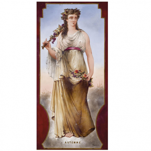 A. Dusson &quot;Las cuatro estaciones&quot; C. 1900.   Cuatro placas Art Nouveau en porcelana esmaltada, vidriada y dorada. Firmadas