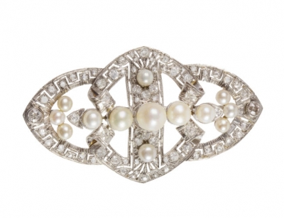 Broche placa Art-Decó de diamantes y perlas,