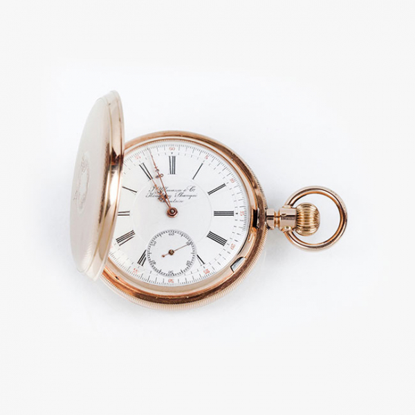 Excelente reloj cronómetro saboneta suizo, J. ULLMANN &Co (Hong Kong-Shangai-Tientsin), nº 40151 0, en caja original de oro rosa 14 K.