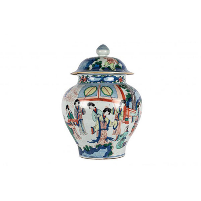 Gran tibor chino realizado en porcelana Wucaï esmaltada y vidriada.   Época de transición Periodo Ming - Periodo Qianlong (Mediados S. XVII).