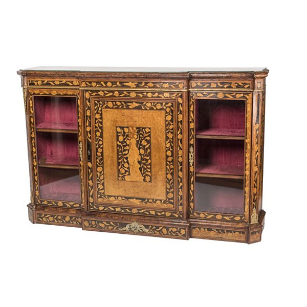 Mueble vitrina inglés de caoba y marquetería