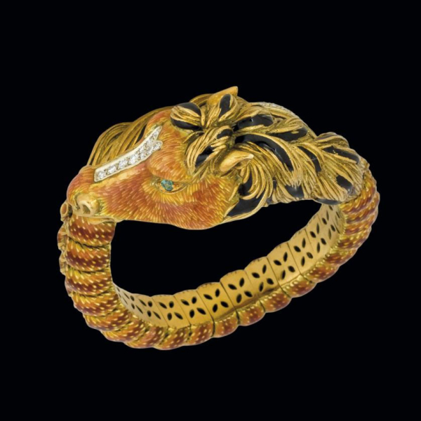 Gran pulsera MEISTER con caballo en oro amarillo 18 K y esmaltes.