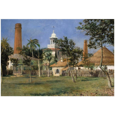 Francisco Oller y Cestero. "Vista de hacienda / Molino de az&uacute;car (h. 1890)". &Oacute;leo sobre lienzo. Firmado en el &aacute;ngulo inferior izquierdo.