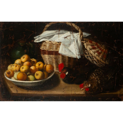 Bodegón con frutas, cestos y gallinas. Escuela Colonial S. XVII (signed &quot;Salvador Gutiérrez&quot;).   Óleo sobre lienzo.