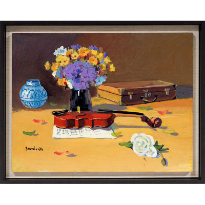 F. D. SARMIENTO    (S. XX)  "Bodeg&oacute;n de jarr&oacute;n con flores y viol&iacute;n "  Firmado: Sarmiento  &Oacute;leo / Tabla 