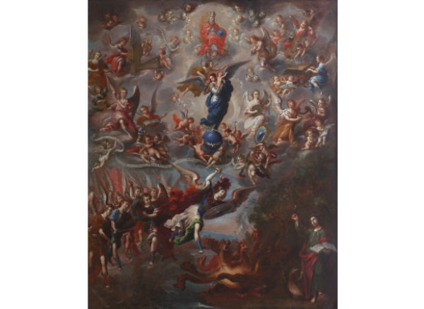 NICOLÁS ENRÍQUEZ DE VARGAS Virgen del Apocalipsis con San Miguel arcángel y San Juan Evangelista, 1741