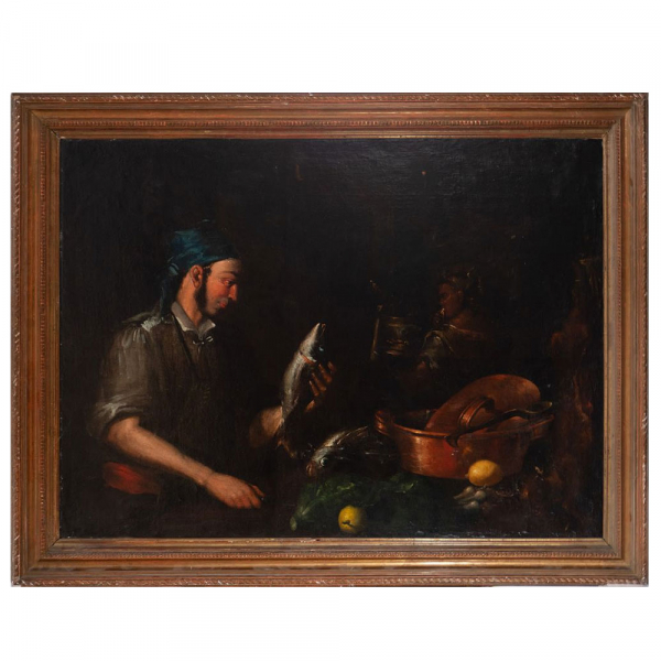 Importante Bodegón de Vendedor de Pescado, a la manera de Bernardo Strozzi &quot;il Cappuccino&quot; Escuela Italiana del siglo XVII