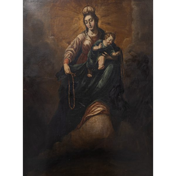 Escuela sevillana, s.XVIII.  Virgen del rosario con el Niño.  Óleo sobre tela. 