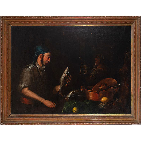 Importante Bodegón de Vendedor de Pescado, a la manera de Bernardo Strozzi, apodado &quot;il Cappuccino&quot; (Génova, 1581 - Venecia 1644) escuela Italiana del siglo XVII.
