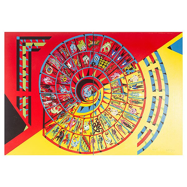 Rafael Alberti. Il gioco dell&#039;oca-toro.  Serigrafía sobre cartón fijado a un doble panel en madera. Firmada 