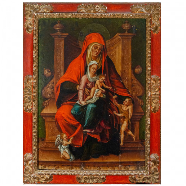 "Virgen con el Niño y Santa Ana" Escuela Italiana, Siglo XV-XVI.    Óleo sobre tabla.