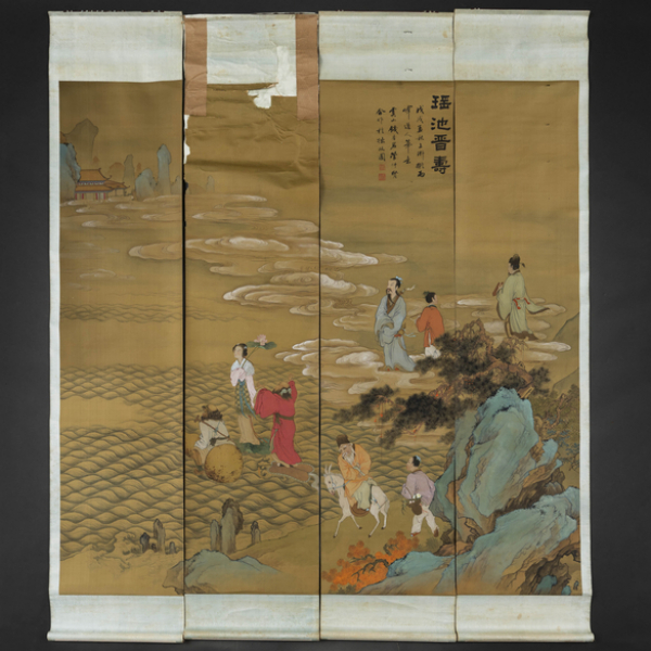 "Escena mitológica" Conjunto de cuatro pergaminos pintados a mano sobre papel de arroz del siglo XX.