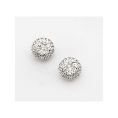 Pendientes en oro blanco en forma de flor con diamantes talla brillante y orla de diamantes talla brillante con peso total de 0,5 cm.