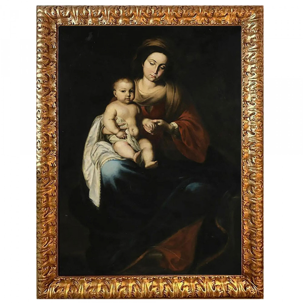 Monumental "Virgen con Ni&ntilde;o", a la manera de Bartolom&eacute; Esteban Murillo (obrador), siglo XVII. &Oacute;leo sobre lienzo. 